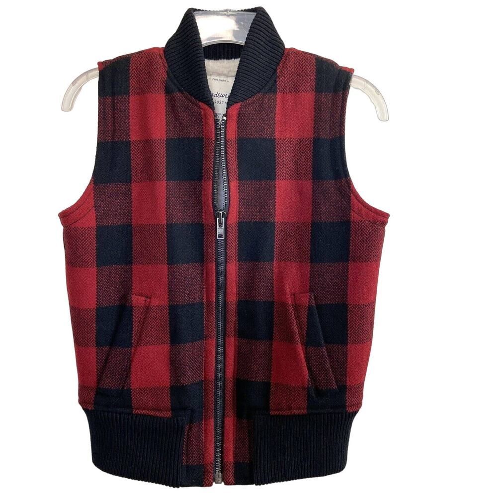 Madewell Buffalo Plaid Wool Blend Faux Sherpa Lined Vest Red Black Size XS